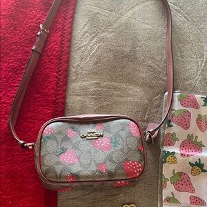 Coach Strawberry Print Crossbody Bag - Pink and Tan